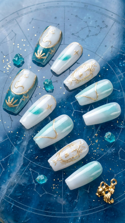 Aquarius Press-On Nails Set | 30pcs Zodiac Art – Slay Nails Gift Set
