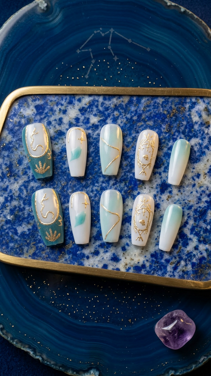 Aquarius Press-On Nails Set | 30pcs Zodiac Art – Slay Nails Gift Set
