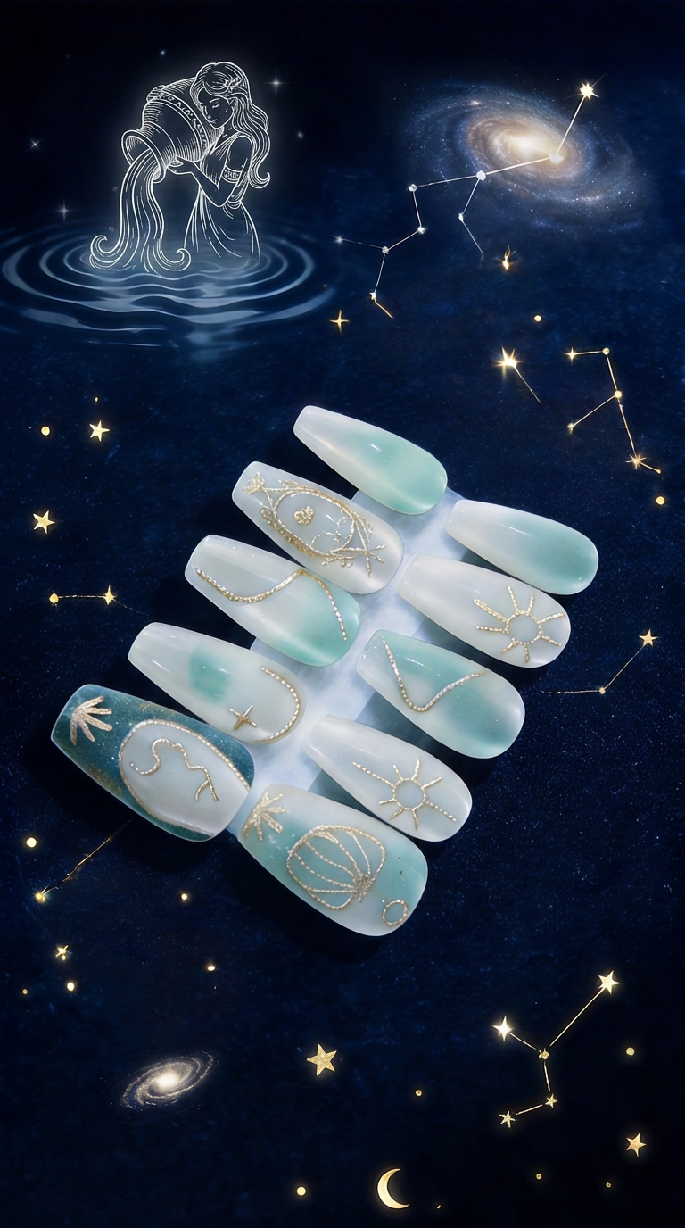 Aquarius Press-On Nails Set | 30pcs Zodiac Art – Slay Nails Gift Set