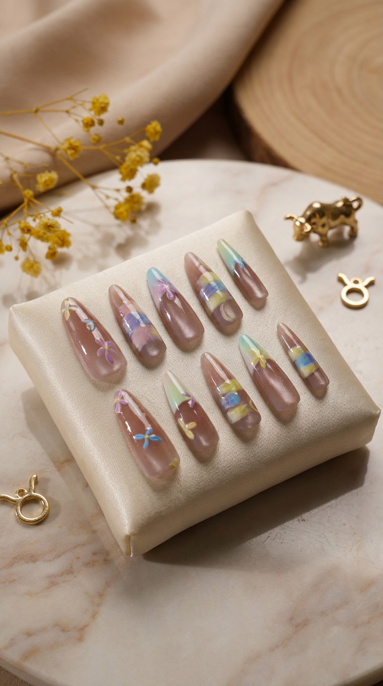 Taurus Press-On Nails Set | 30pcs Zodiac Nail Art – Slay Nails Gift Set