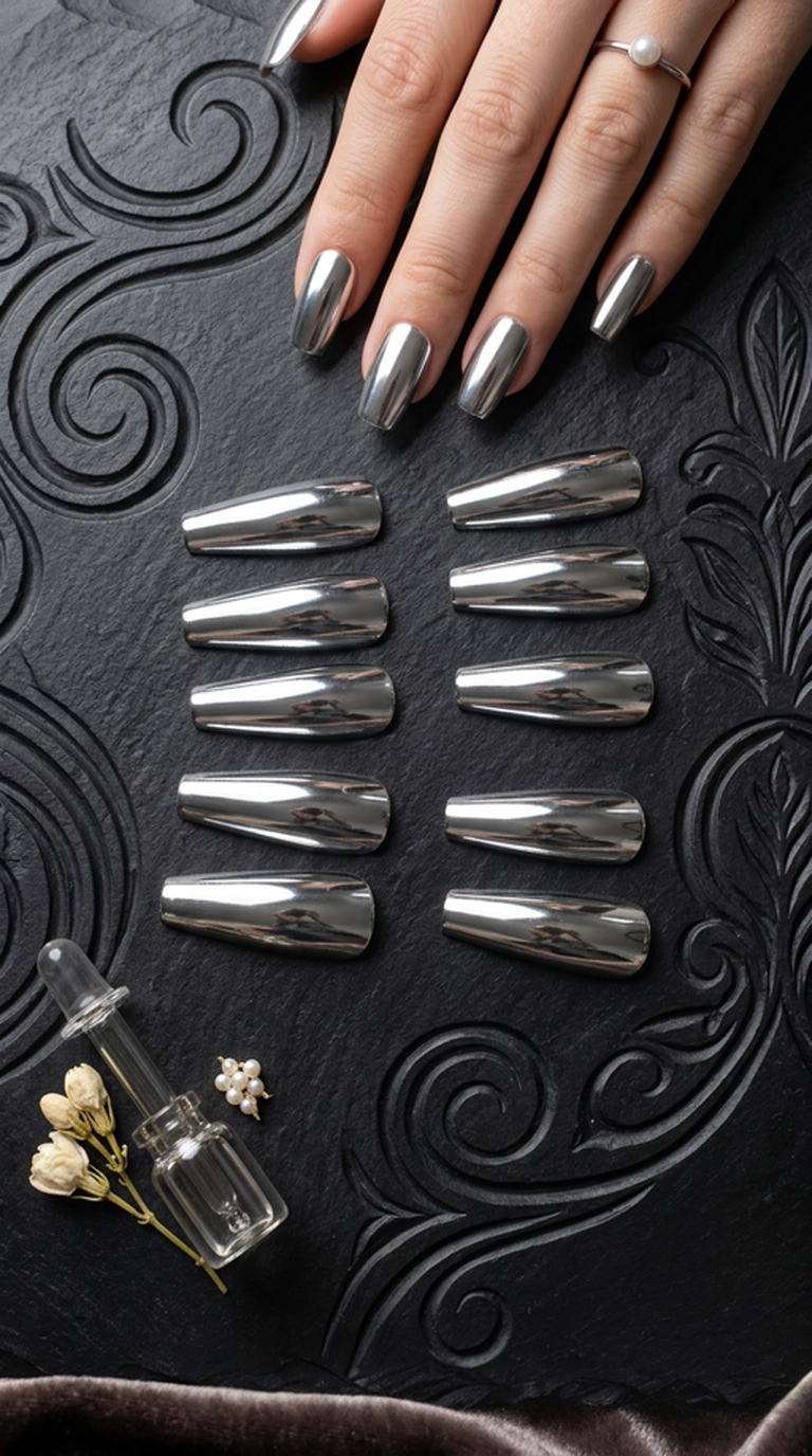 Silver Chrome Press-On Nails | 30pcs Reusable Nail Set
