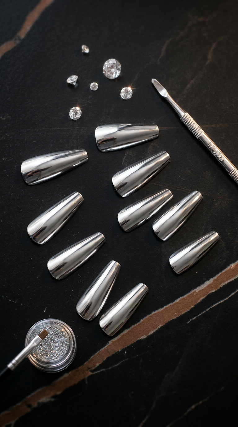 Silver Chrome Press-On Nails | 30pcs Reusable Nail Set