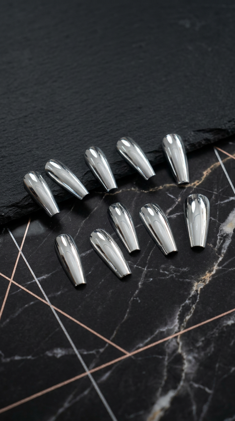 Silver Chrome Press-On Nails | 30pcs Reusable Nail Set