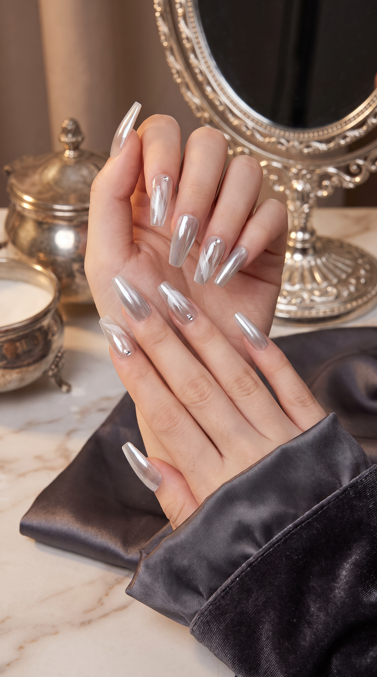 Aurora White Long Press-On Nails Gift Set with Heart Bracelet| 30pcs Reusable Handmade Nail Set