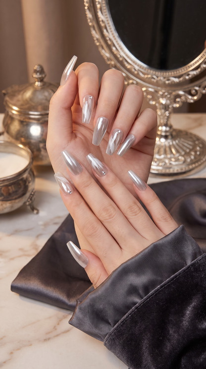 Aurora White Long Press-On Nails Gift Set with Heart Bracelet| 30pcs Reusable Handmade Nail Set