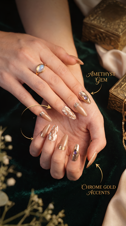 Cancer II Press-On Nails Gift Set With Cancer Necklace | 30pcs Reusable Nude & Gold Zodiac Nail Set